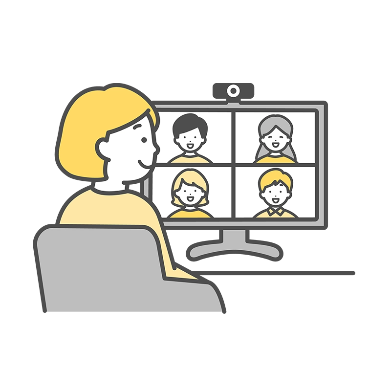 オンライン会議ツールを使って経営支援の打ち合わせをしている様子を表したイラスト