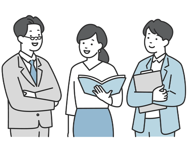 経営課題や改善策について社内メンバーで話し合っている様子を表したイラスト