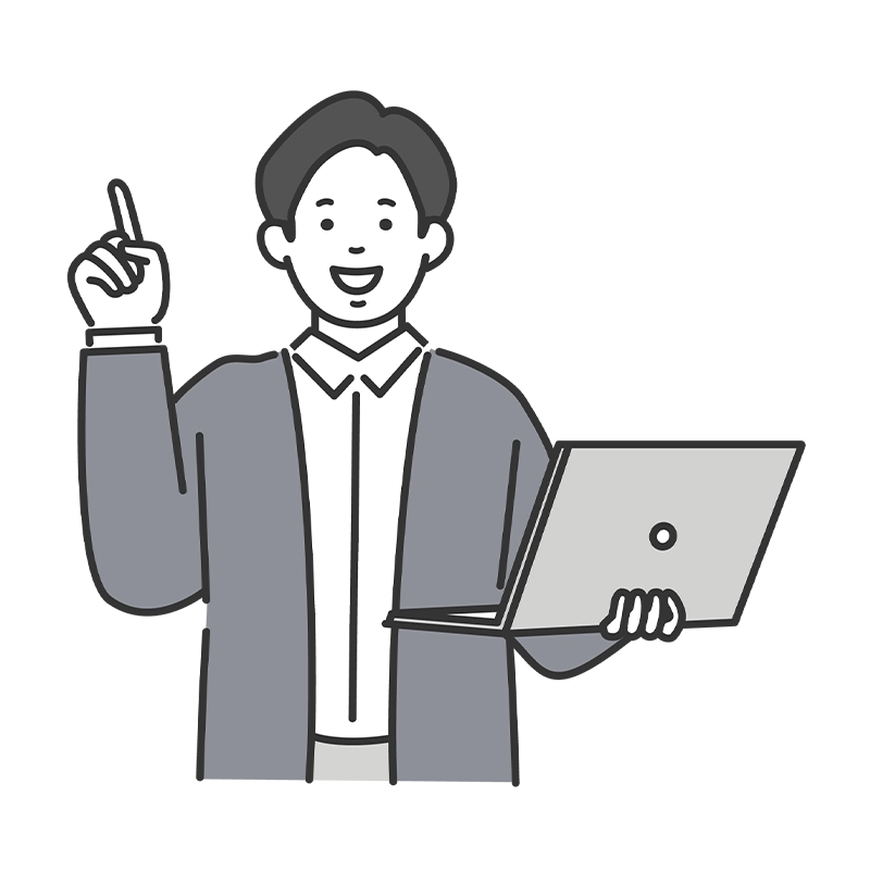 ノートパソコンを持つ男性が業績データを確認している様子を表したイラスト