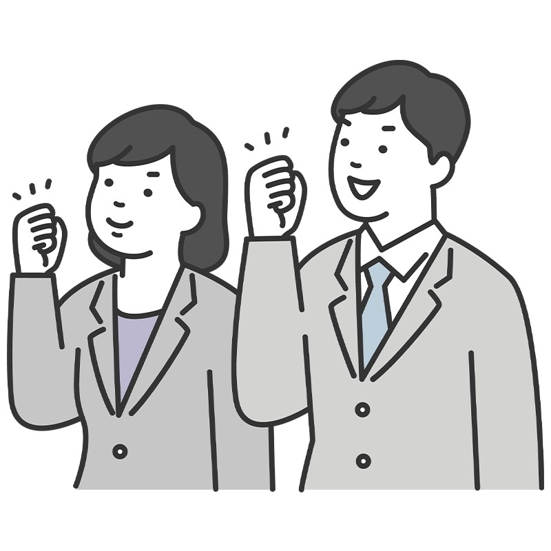 経営数値を共有し仕組み化が定着して成果が出た状態を表すガッツポーズの人物イラスト